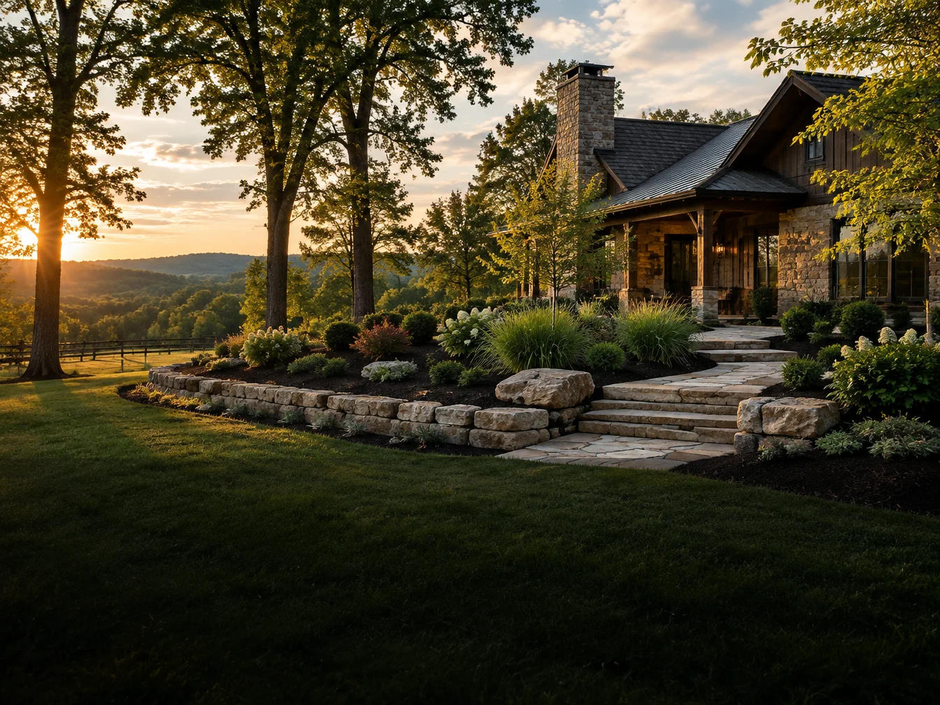 Stone retaining walls and professionally installed planting beds